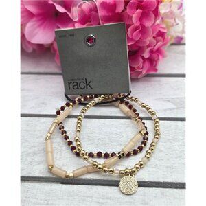 Nordstrom Rack Gold Tone Beaded Stretch Bracelet Set Burgundy Beige Pavé Disc